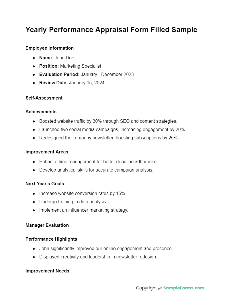 yearly appraisal performance appraisal form filled sample