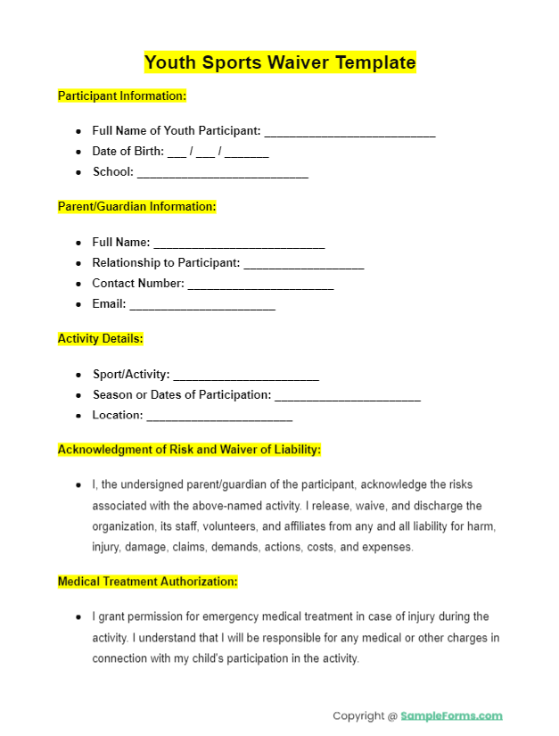 youth sports waiver template