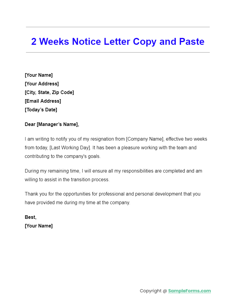 2 weeks notice letter copy and paste