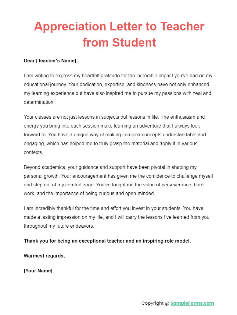 appreciation letter to teacher from student