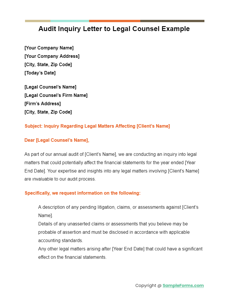 audit inquiry letter to legal counsel example