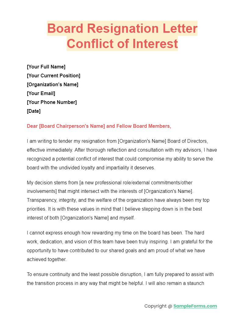 board resignation letter conflict of interest