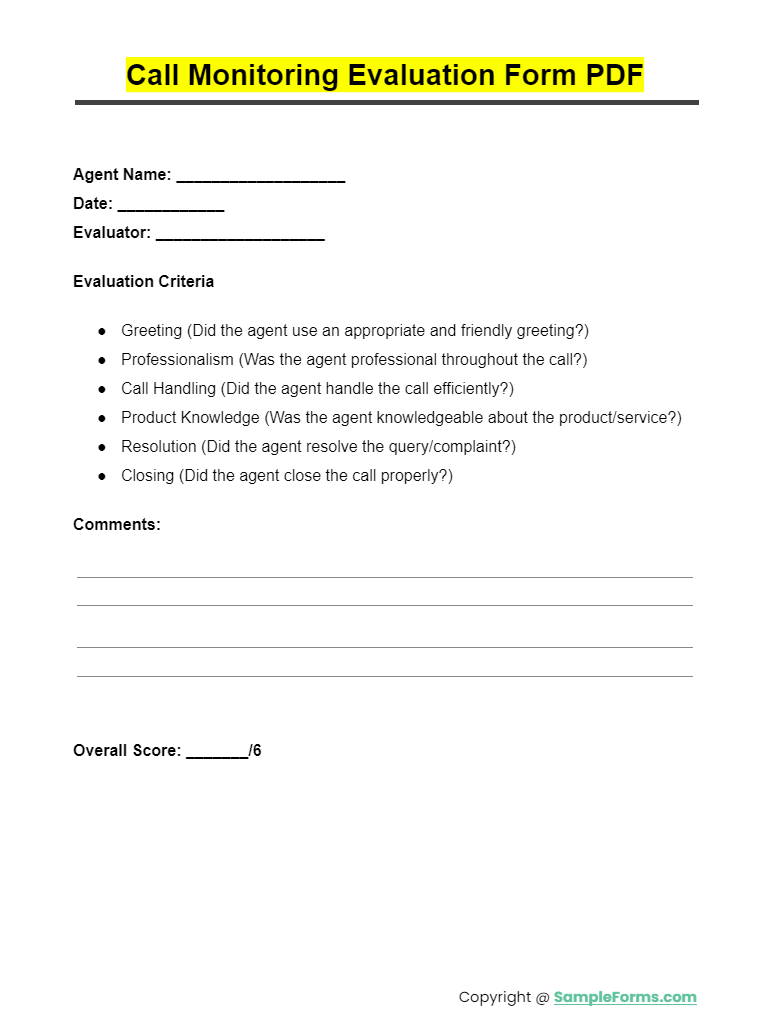 call monitoring evaluation form pdf