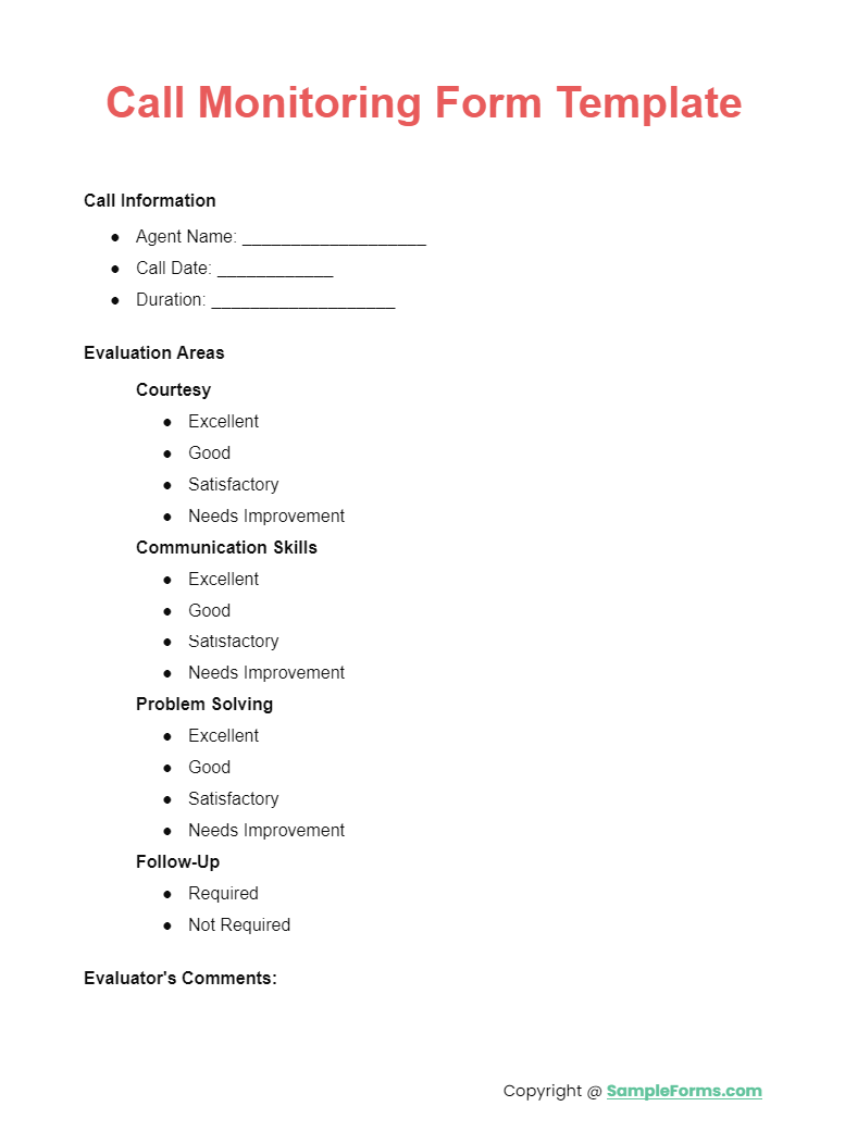 call monitoring form template