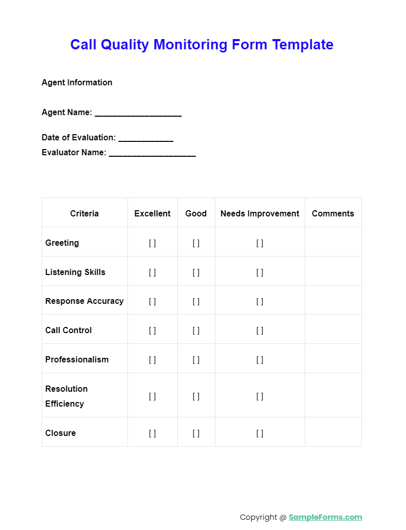call quality monitoring form template
