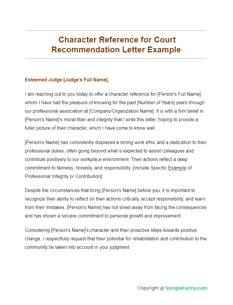 character reference for court recommendation letter examples