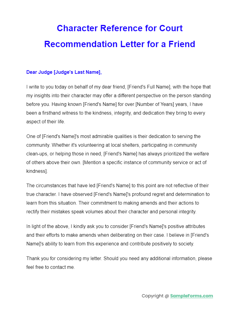 character reference for court recommendation letter for a friends