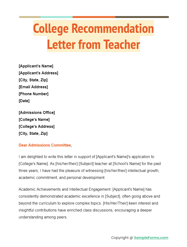 college recommendation letters from teacher