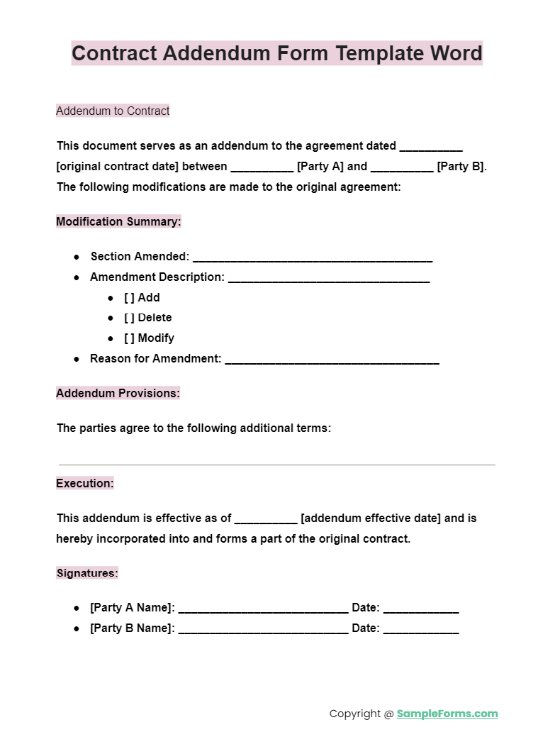 contract addendum form template word