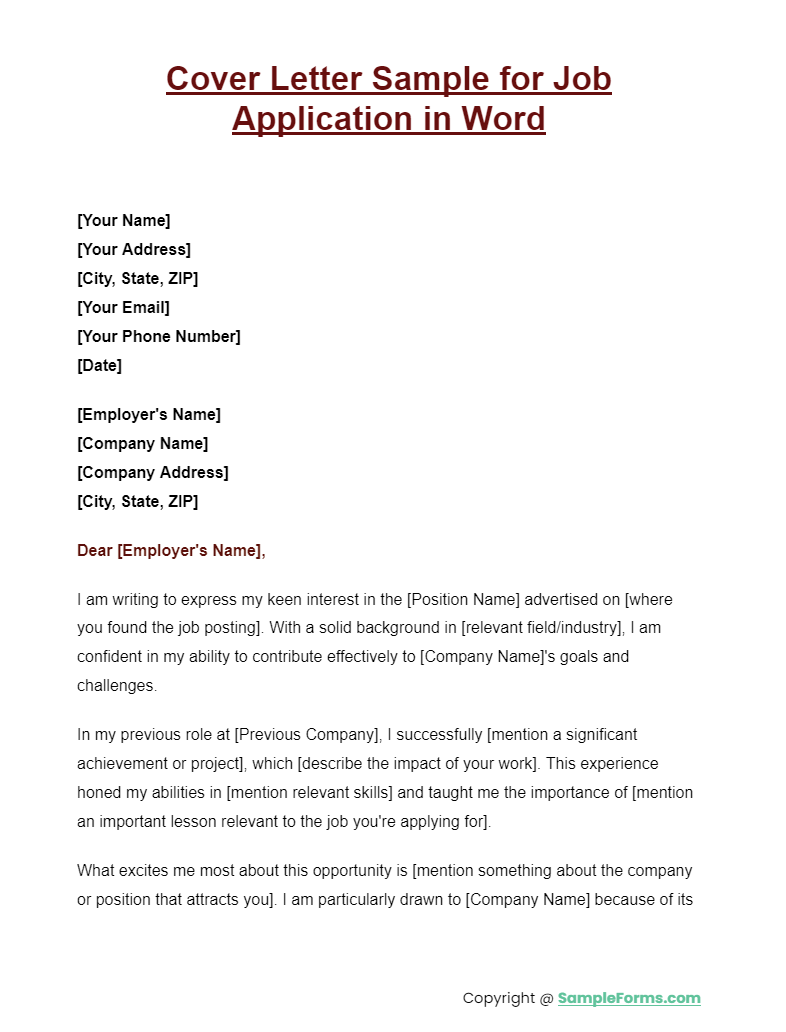 cover letter sample for job application in word