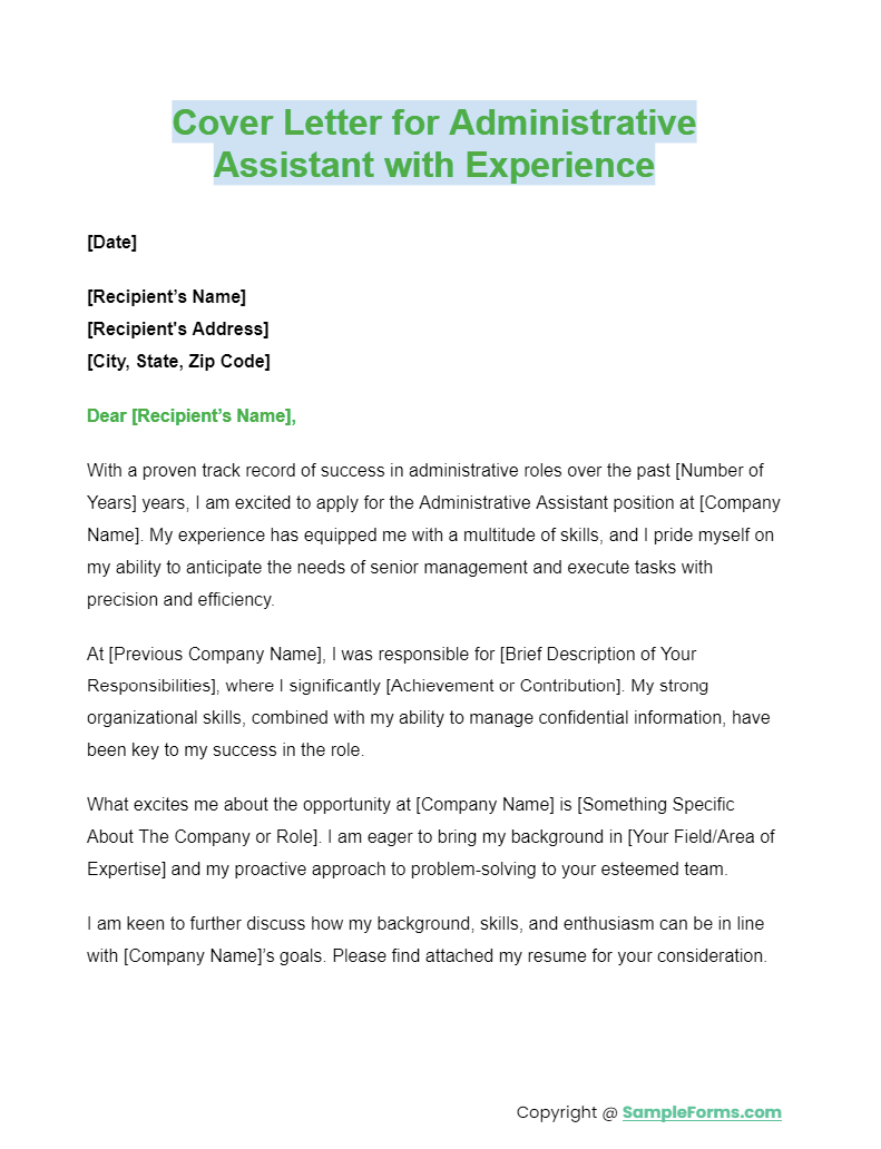 cover letter for administrative assistant with experience