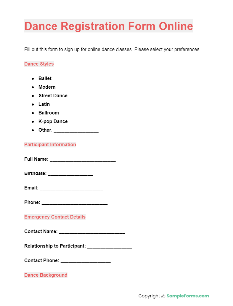 dance registration form online