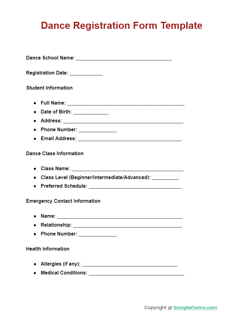dance registration form template