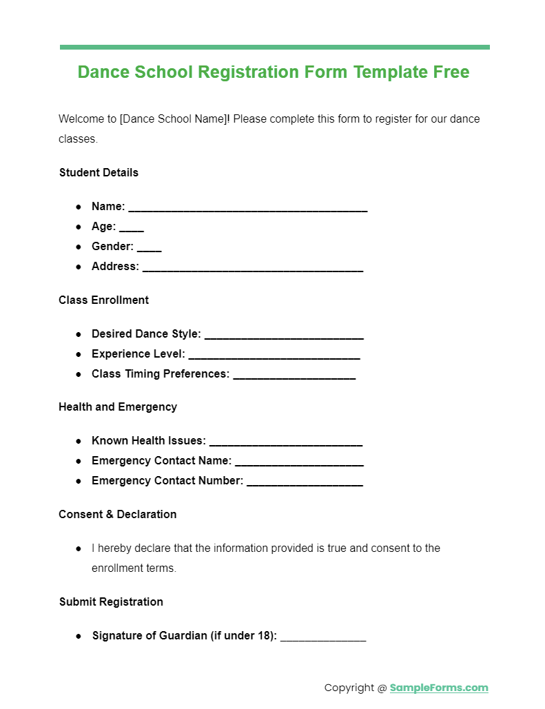 dance school registration form template free