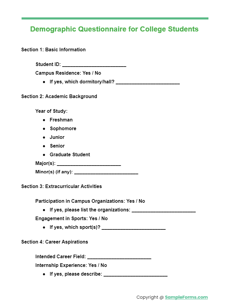 demographic questionnaire for college students