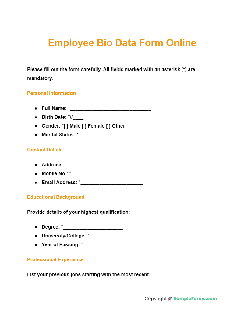 employee bio data form online