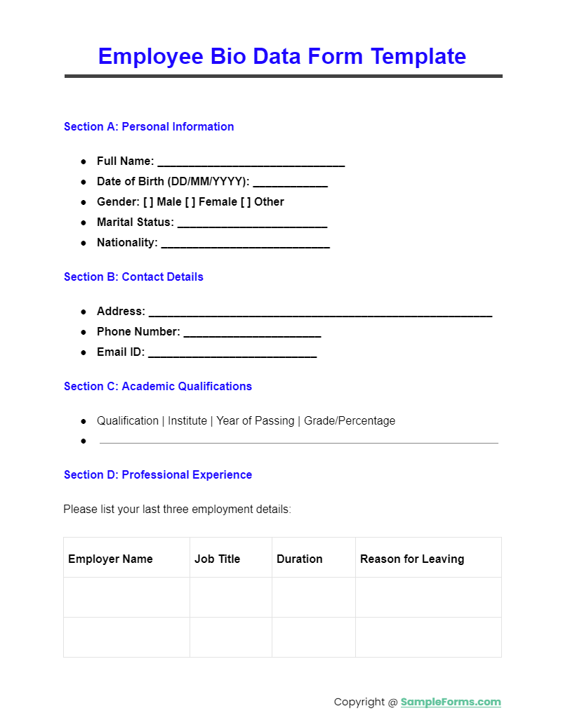 employee bio data form template