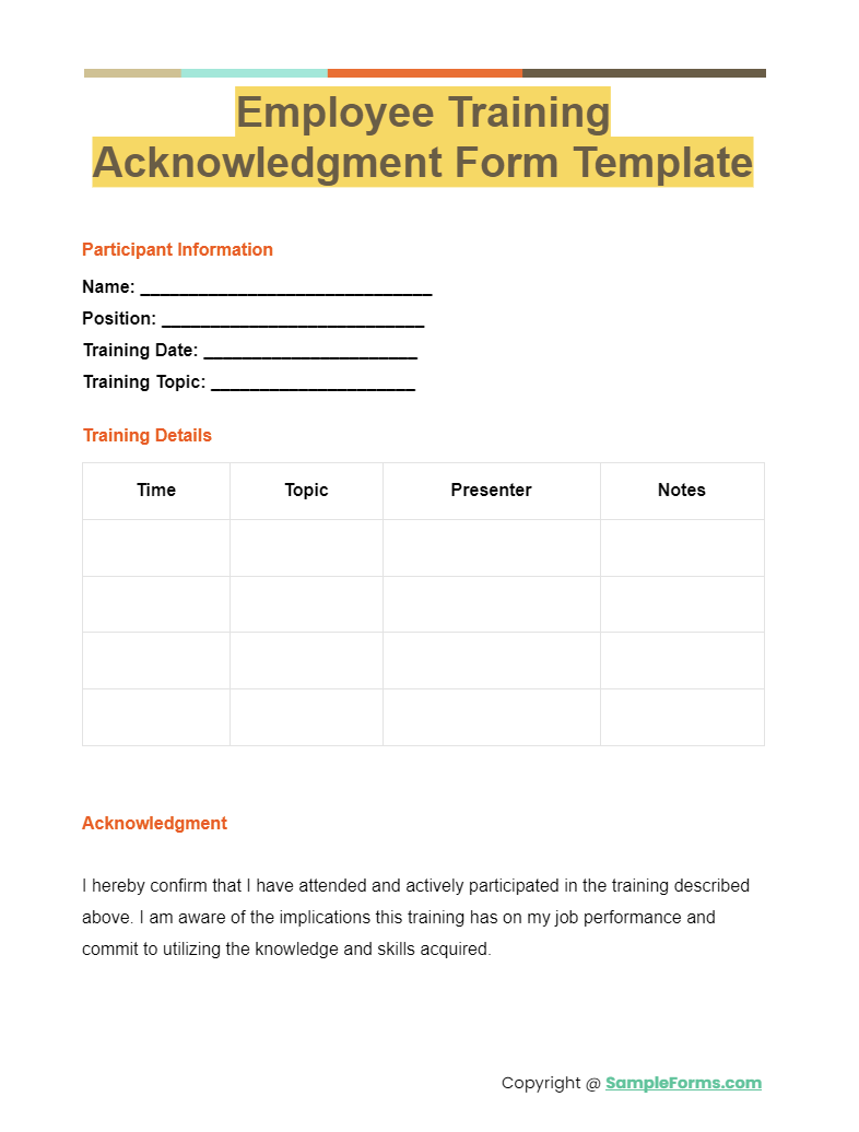 employee training acknowledgment form template