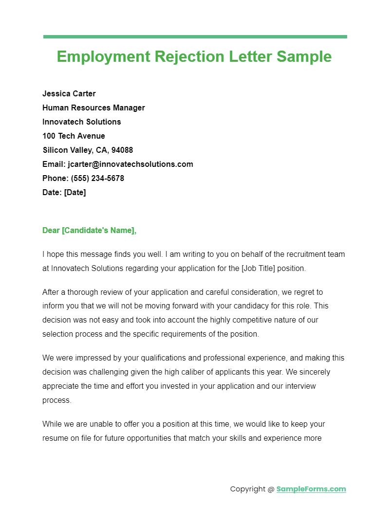employment rejection letter sample