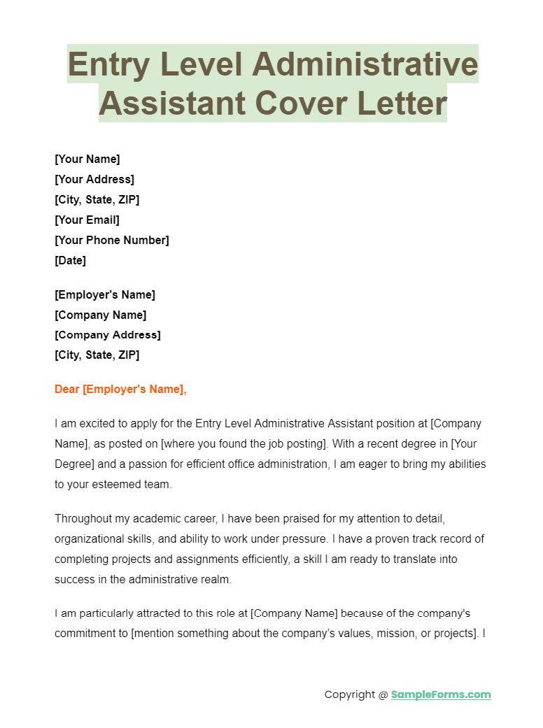 entry level administrative assistant cover letter