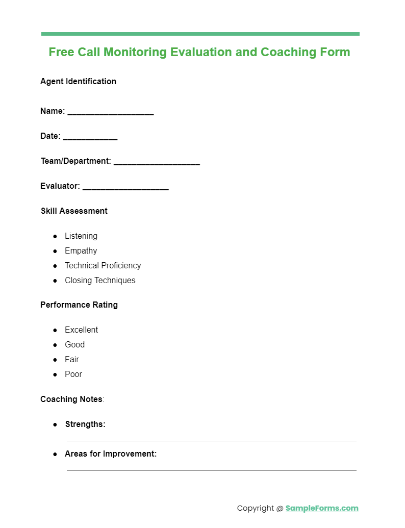 free call monitoring evaluation and coaching form