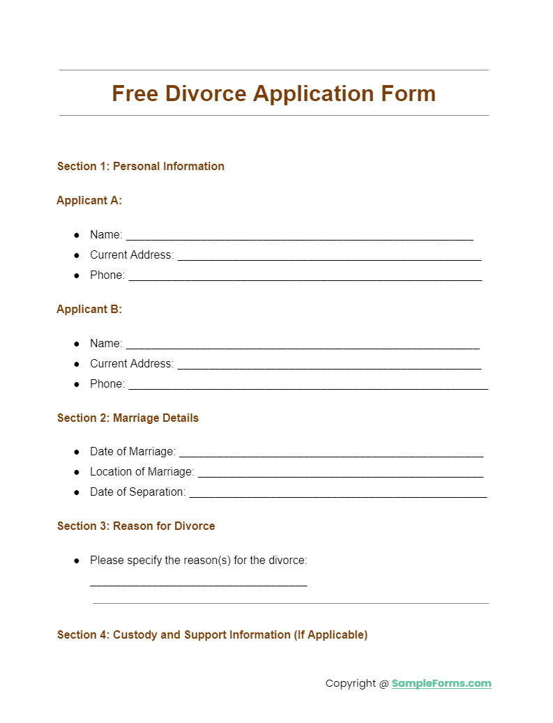 free divorce application form