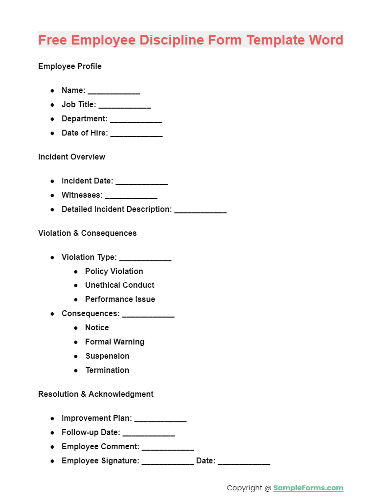 free employee discipline form template word