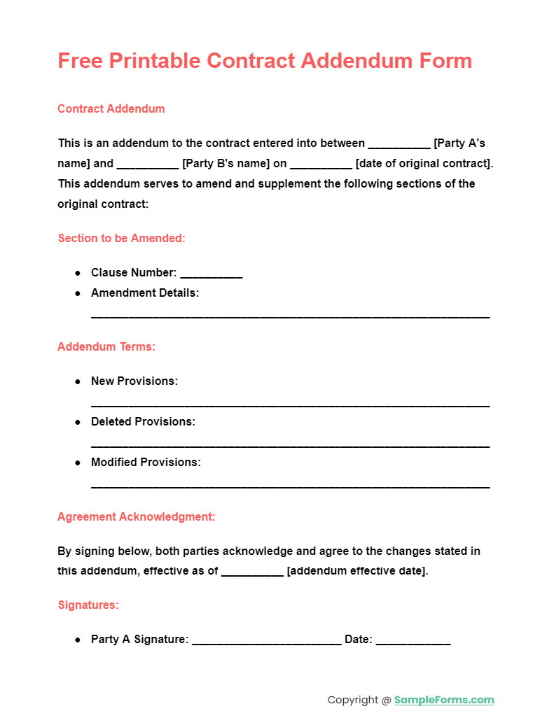 free printable contract addendum form