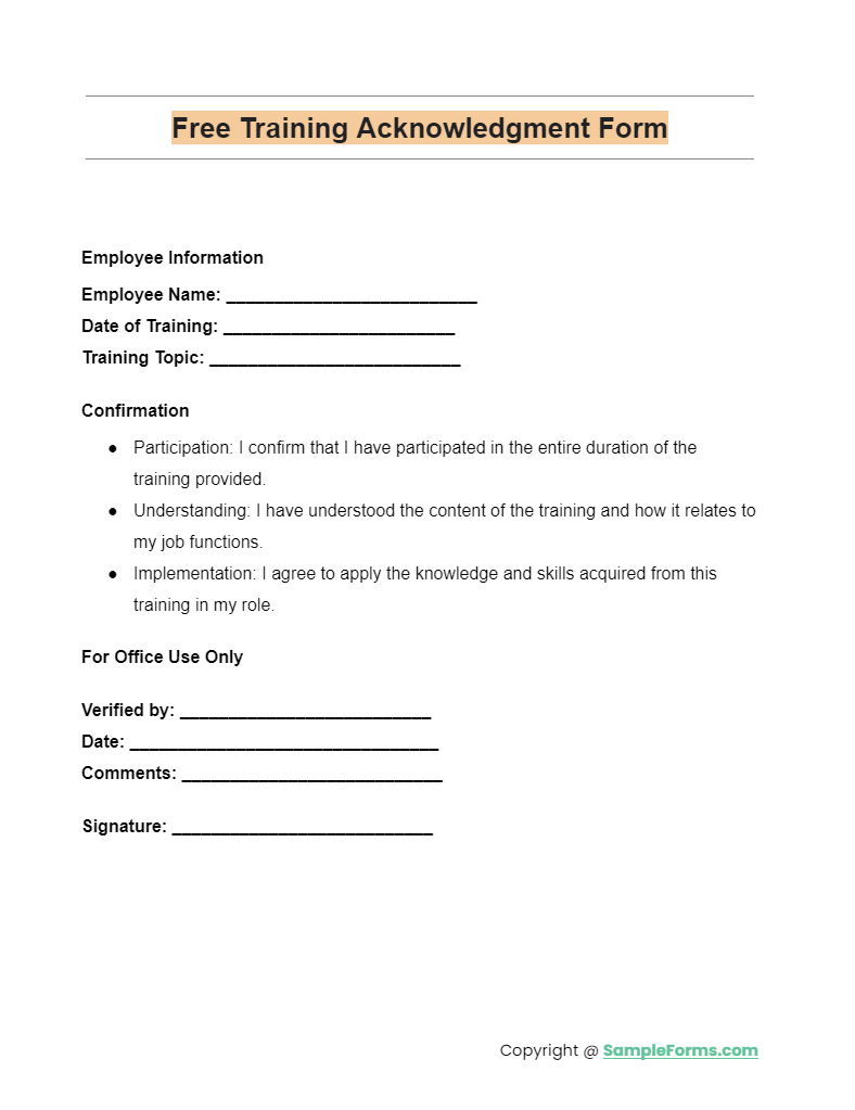 free training acknowledgment form