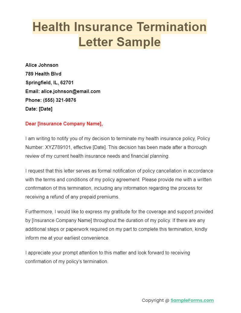 health insurance termination letter sample