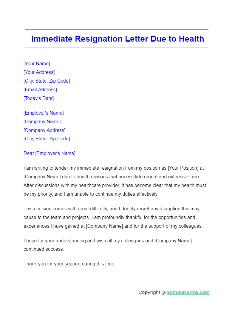 immediate resignation letter due to health
