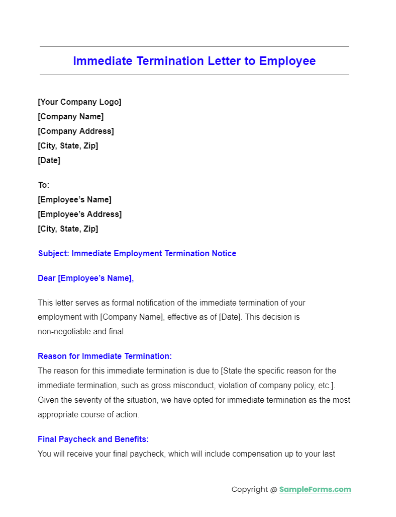immediate termination letter to employee