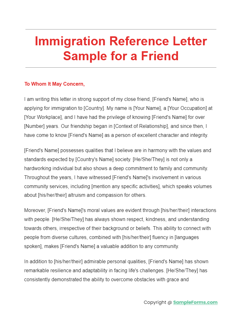 immigration reference letter sample for a friend