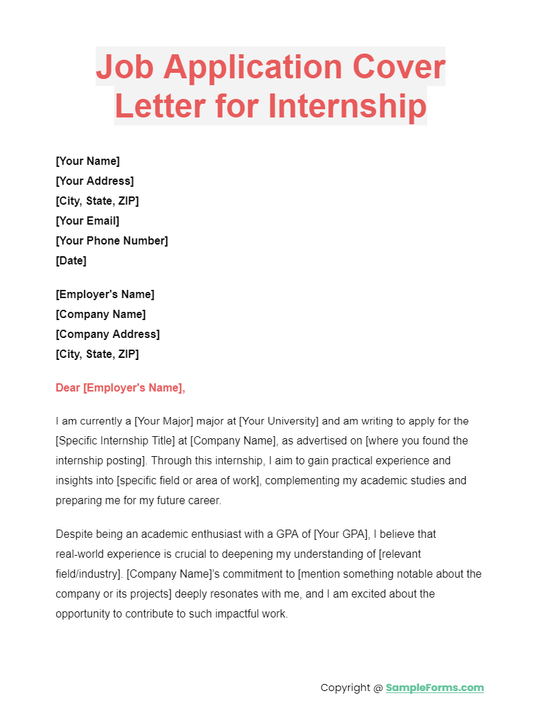 job application cover letter for internship
