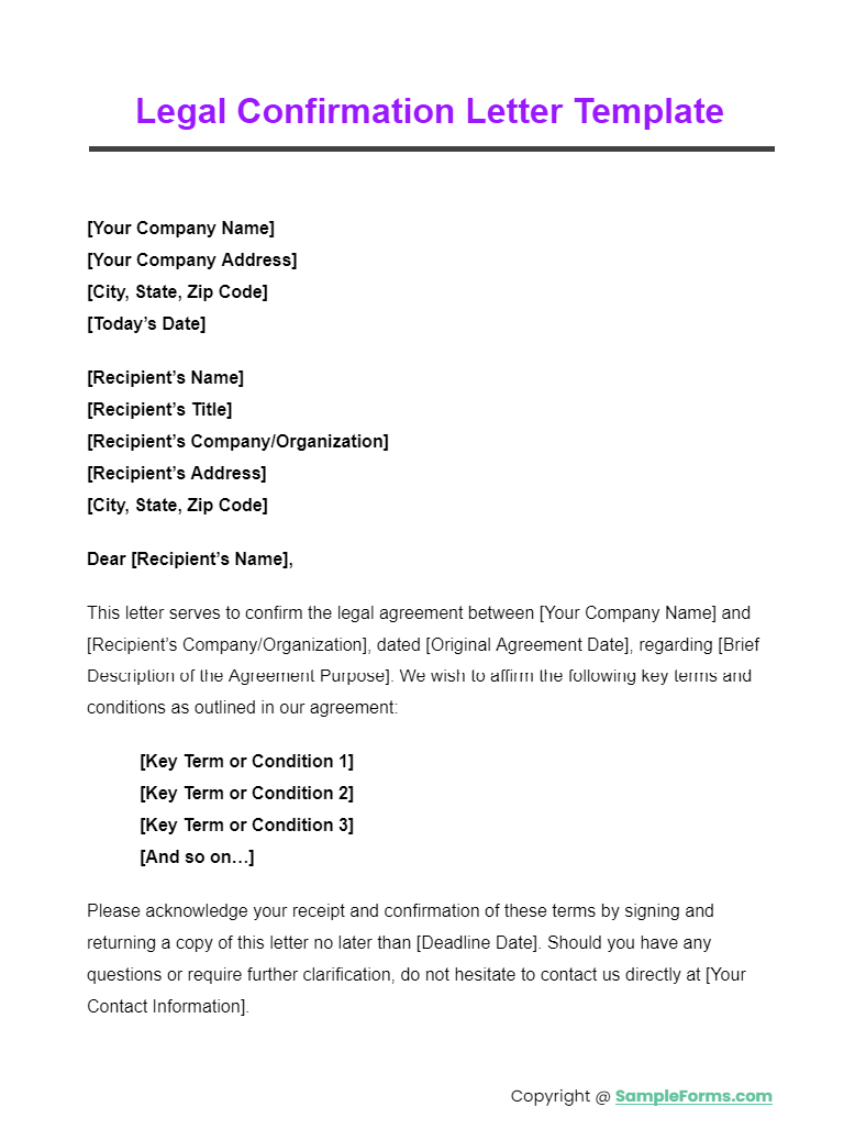 legal confirmation letter template