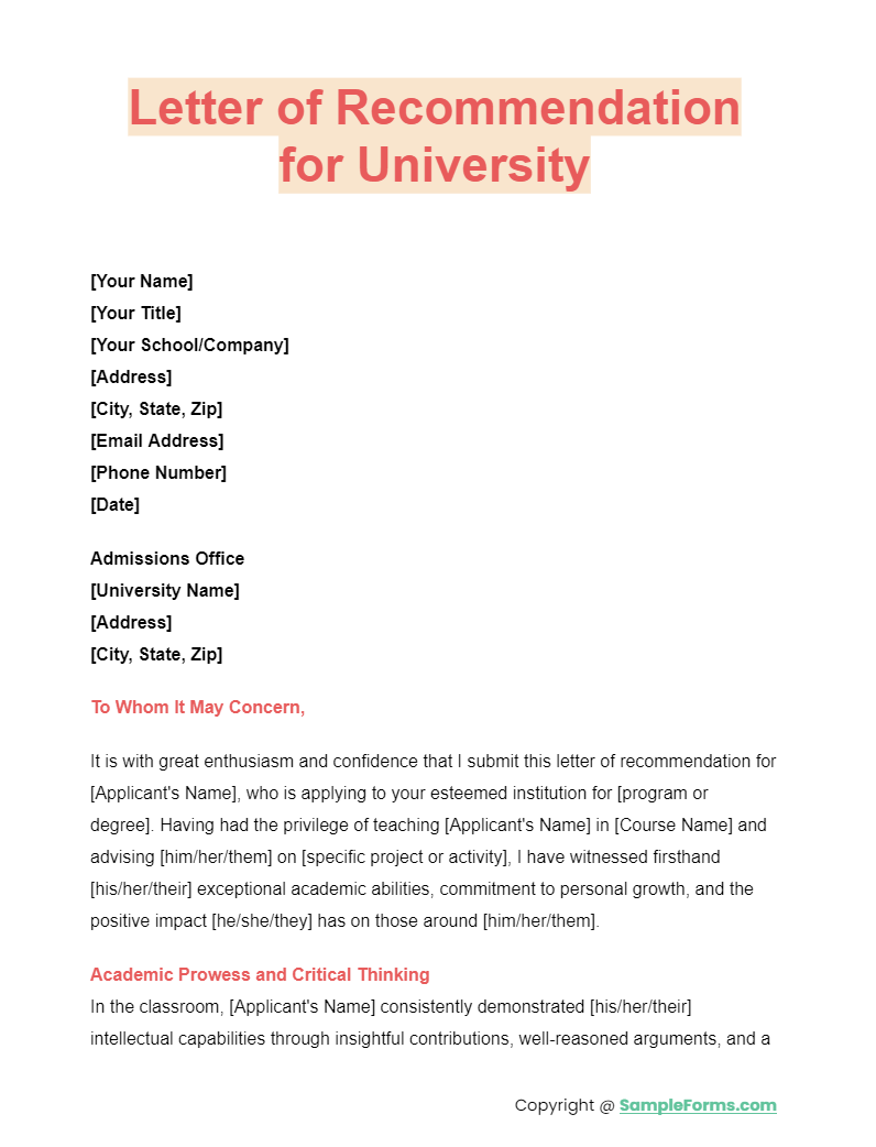 letter of recommendation for university