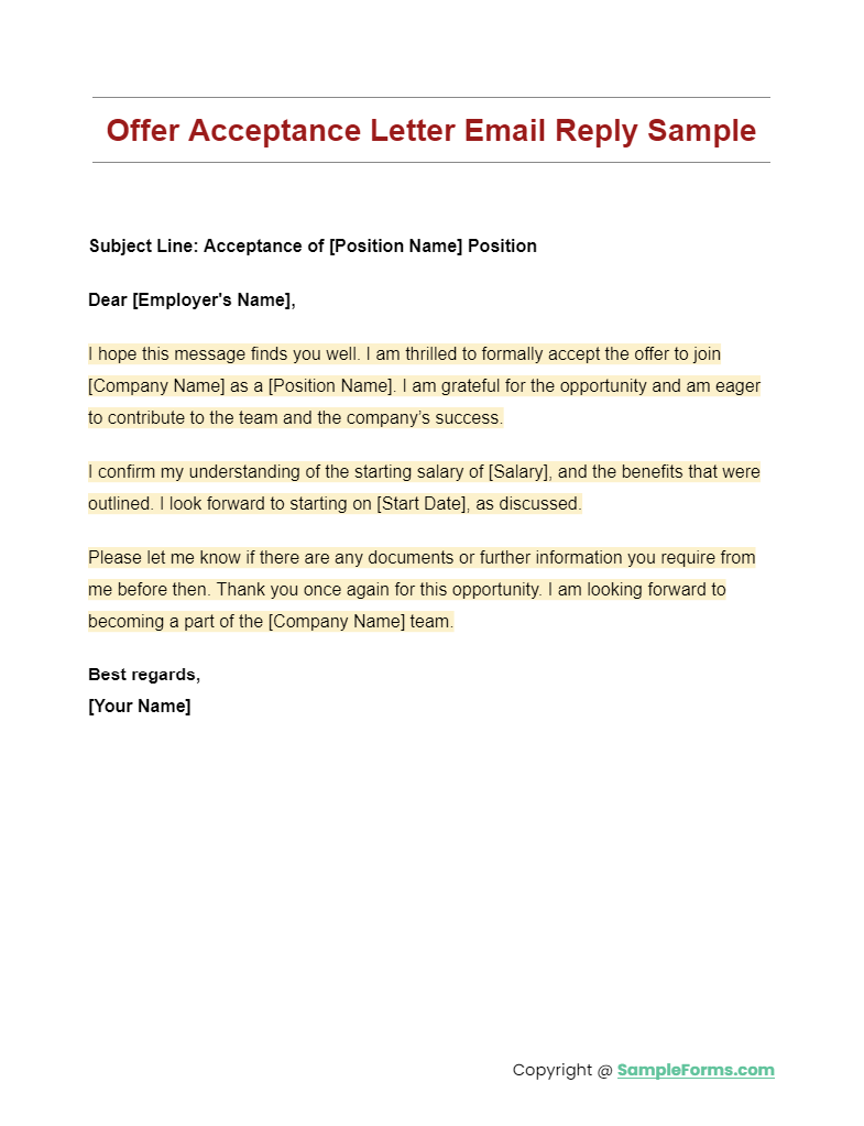 offer acceptance letter email reply sample