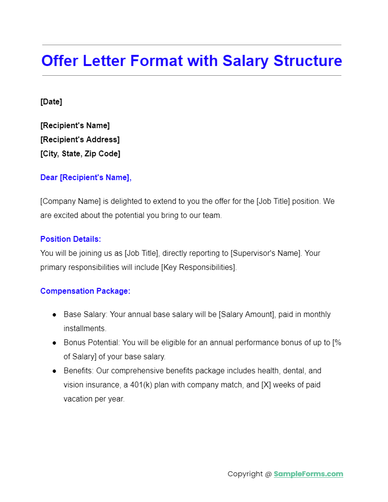 offer letter format with salary structure