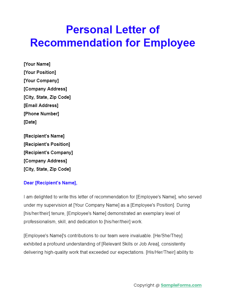 personal letter of recommendation for employee