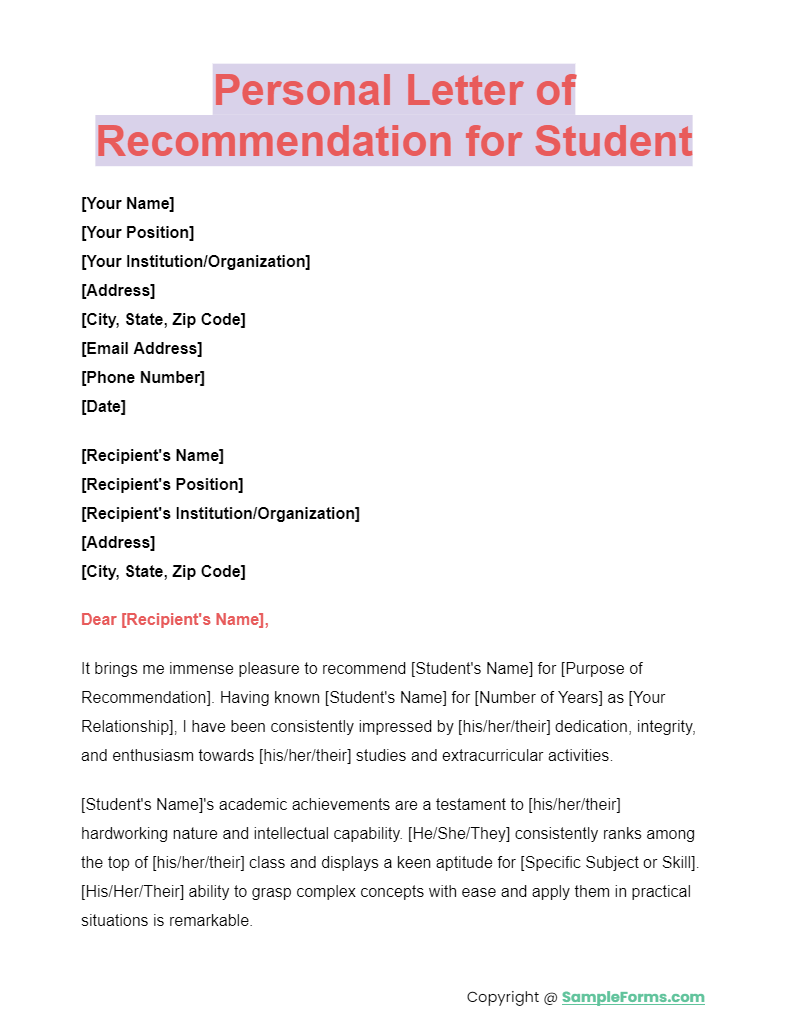 personal letter of recommendation for student