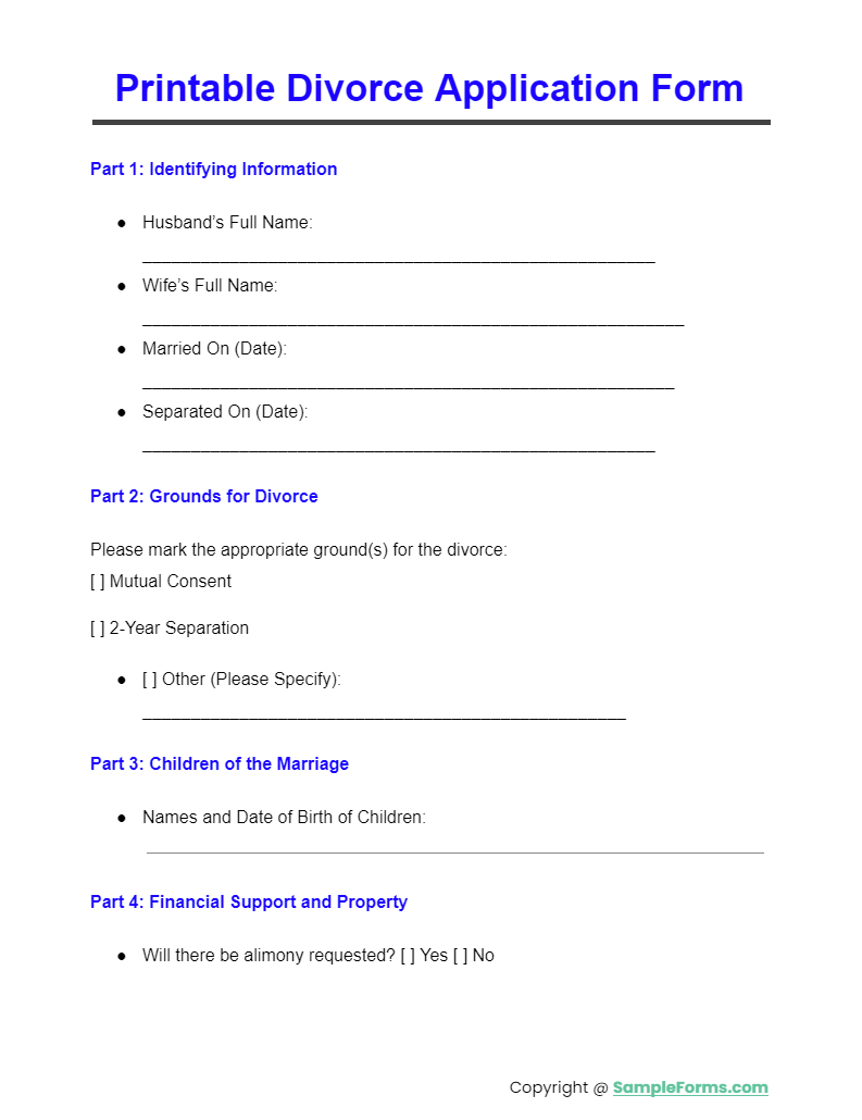 printable divorce application form