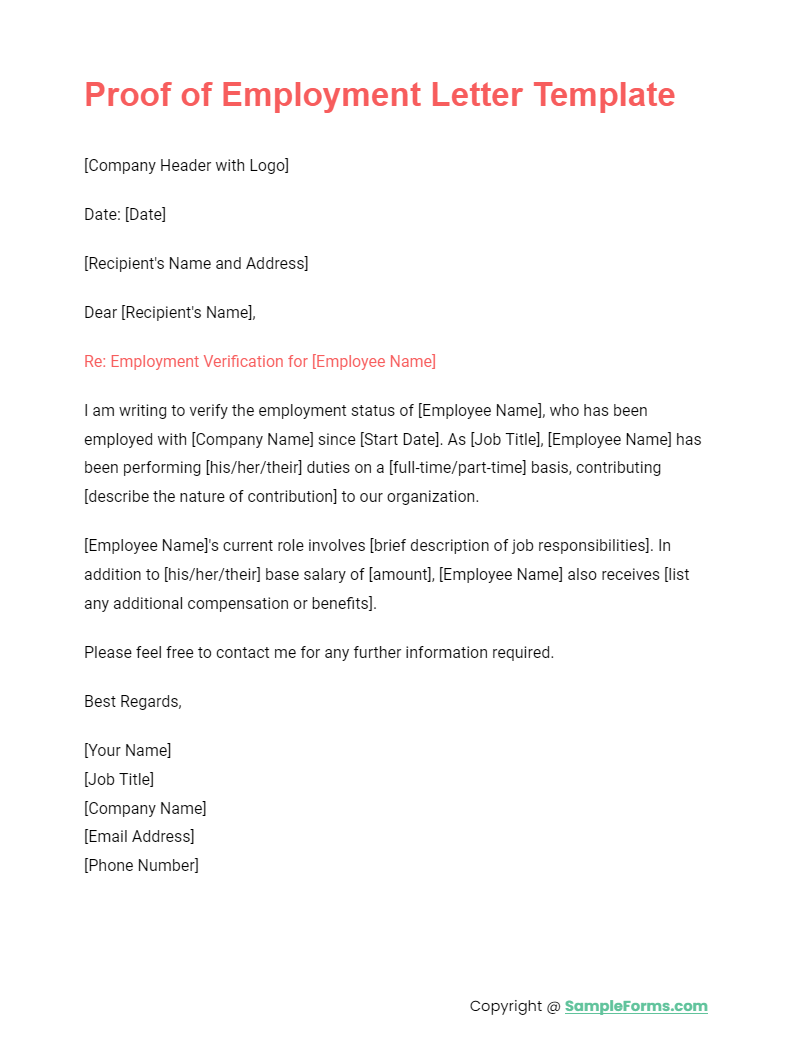 proof of employment letter template