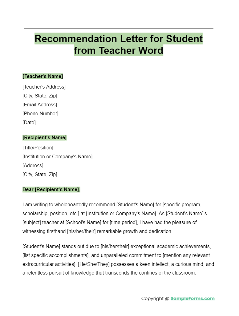recommendation letter for student from teacher word