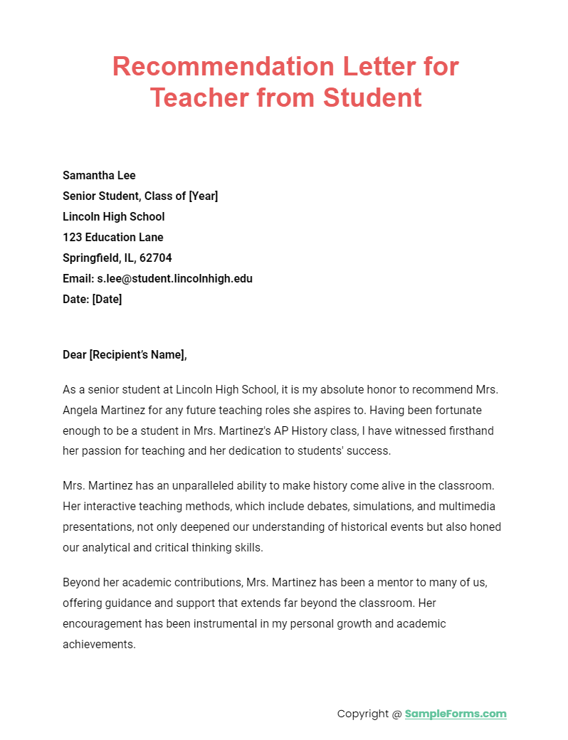 recommendation letter for teacher from student