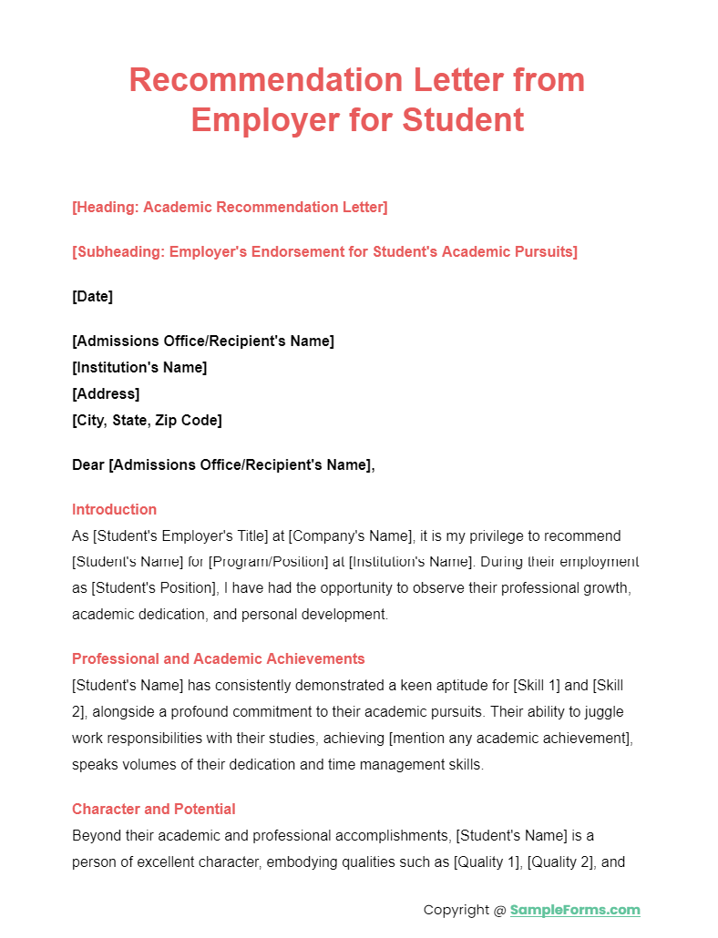 recommendation letter from employer for student