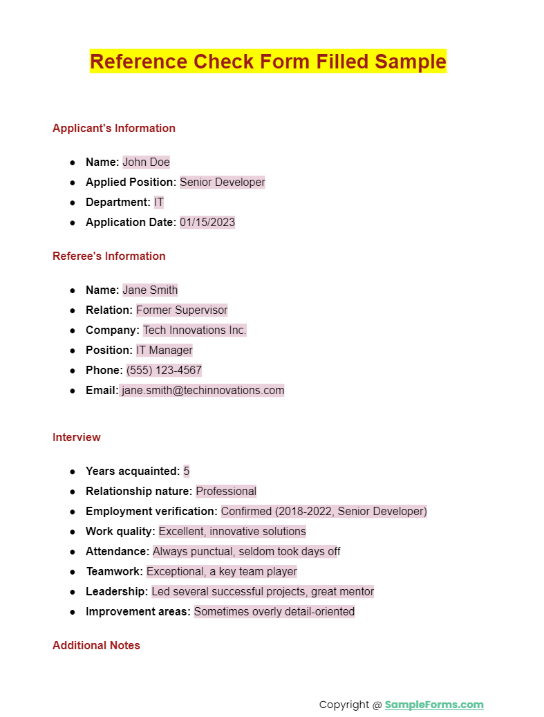 reference check form filled sample