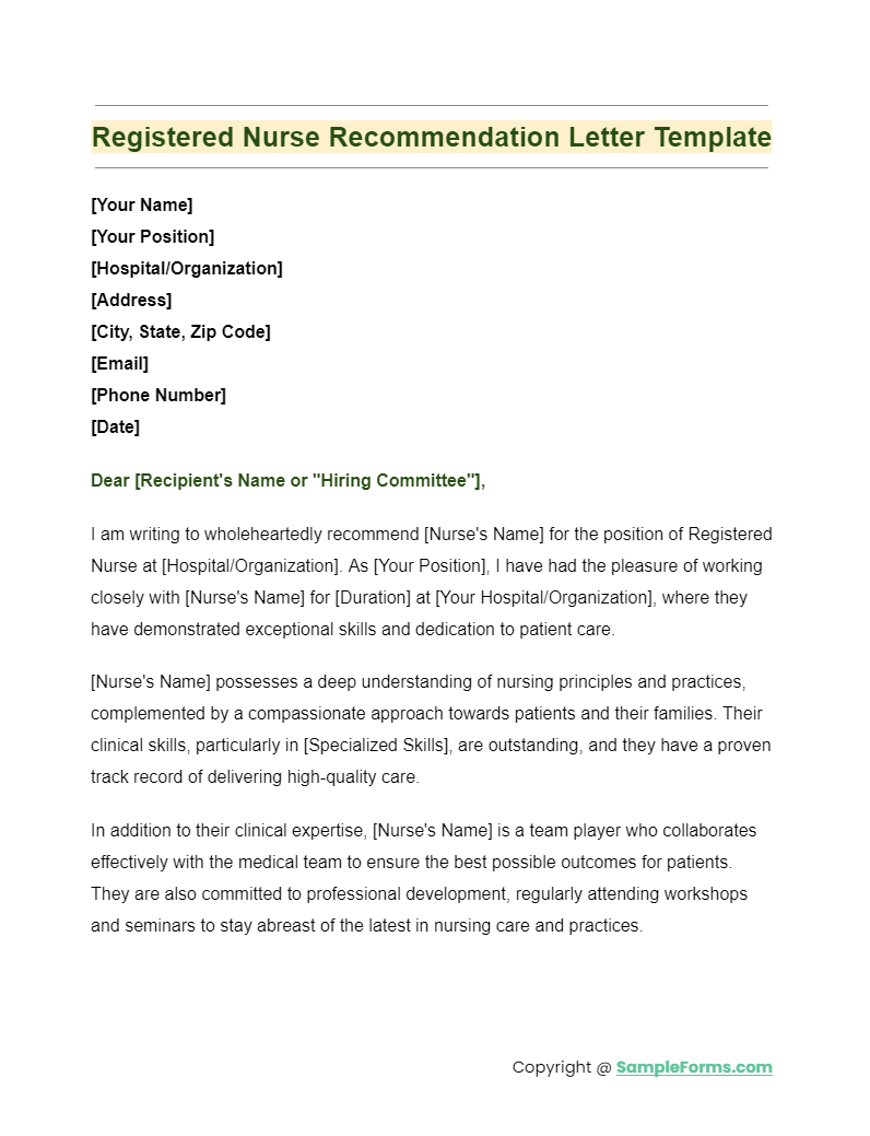 registered nurse recommendation letter template