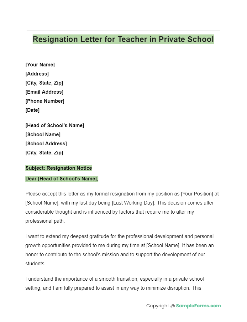 resignation letter for teacher in private school