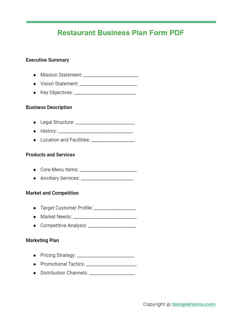 restaurant business plan form pdf