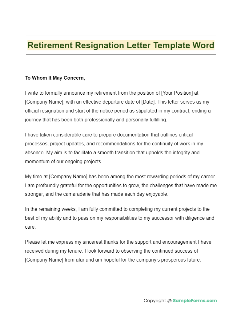 retirement resignation letter template word